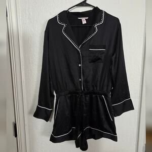 Victorias Secret Black Long Sleeve Bling Trim Satin Sleep Romper Size M